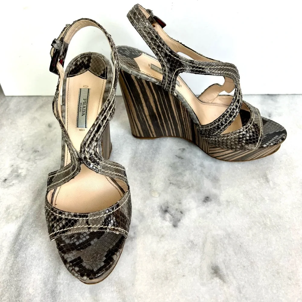 Prada Snakeskin Striped Wooden Heel Wedge Sandal - Picture 6 of 15
